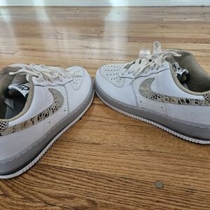 Nike AIR Force 1s White and Gray Sneakers with Snakeskin Accents